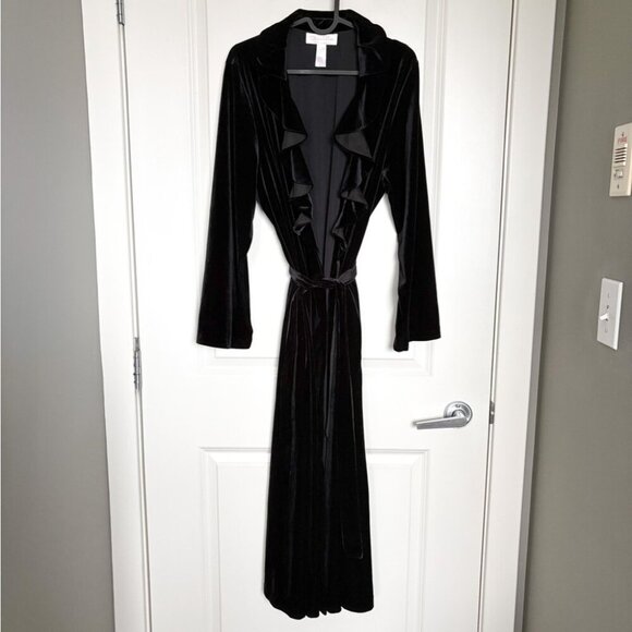 Oscar de la Renta Pink Label Black Velvet Ruffle Duster Robe L - Picture 2 of 5